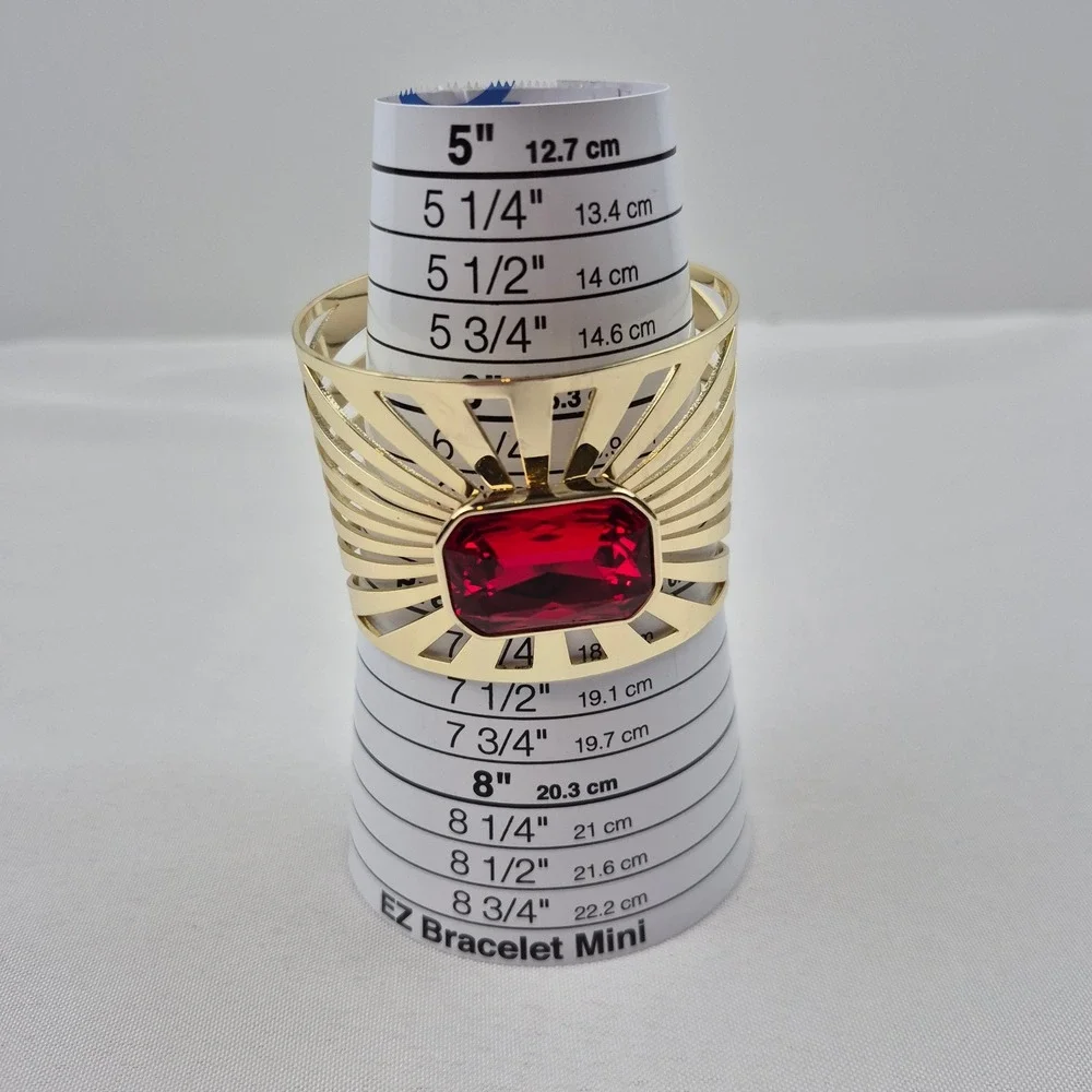 Heidi Daus Sunray Goldtone Octagonal Stone Cuff Bracelet Red Art Deco Style NWOT